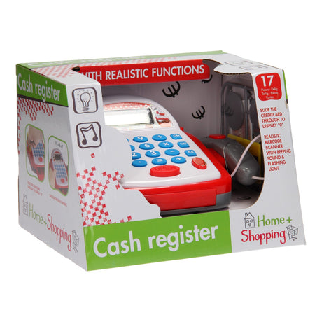 Caja registradora Johntoy para compras en casa con luz y sonido.