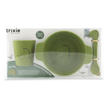 Trixie set de comida para bebé de silicona Mr. Dino - regalo de maternidad perfecto - regalo de baby shower - set con cuchara, taza y cuenco.