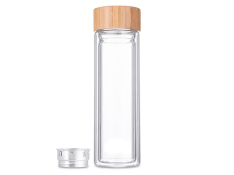 Svenska living botella de infusión de doble pared botella de vidrio de bambú 400 ml con colador de acero inoxidable