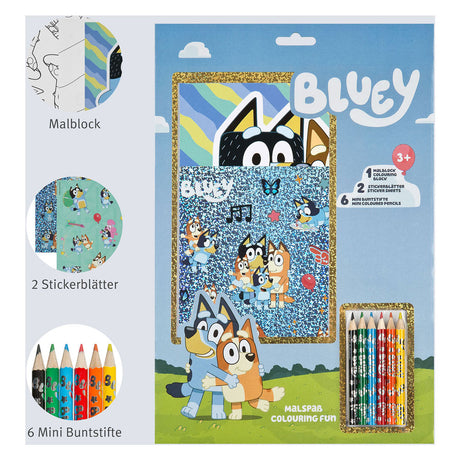 Juego para colorear azulado encubierto, bloque de colores con lápices y pegatinas para niños.