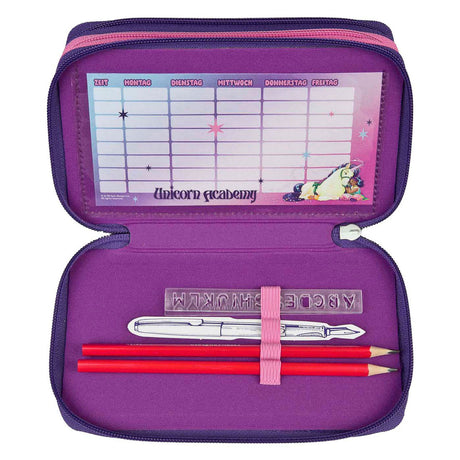 Estuche escolar Undercover Unicorn Academy morado - Set escolar lleno de 3 compartimentos.
