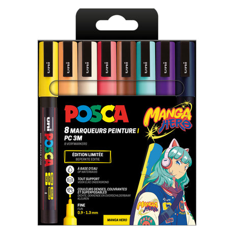 Rotuladores uni posca pc3m set manga hero - 8 piezas.
