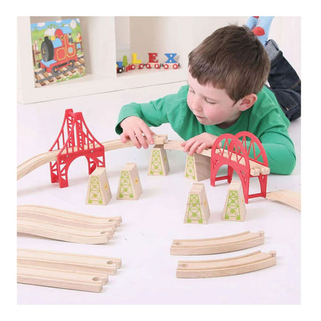 Bigjigs rieles de madera - juego de extensión de puentes - 18 piezas -