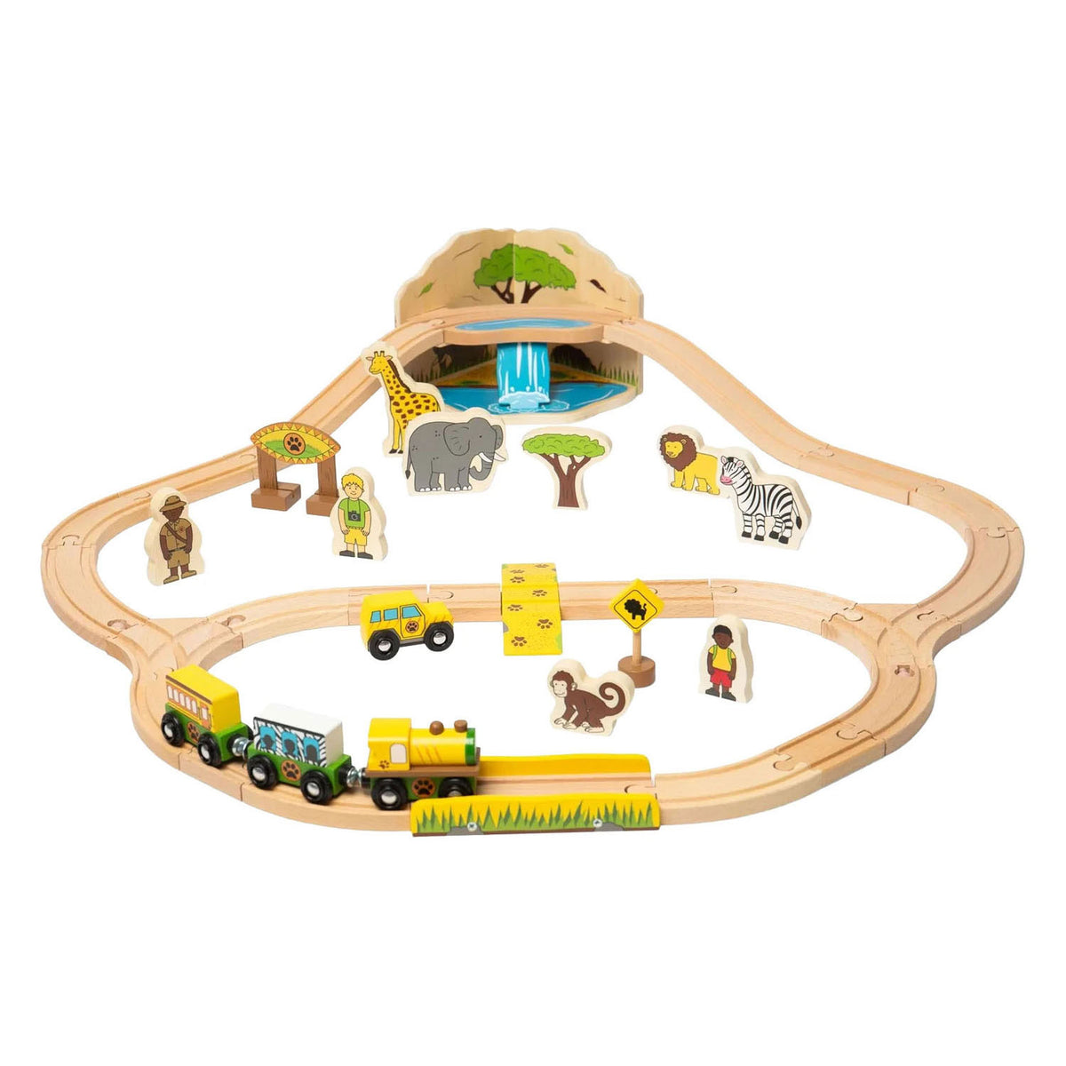 Juego de trenes safari de madera Bigjigs - 38 piezas.
