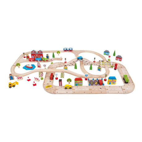 Bigjigs Juego de vías de tren y autopista de madera, 105 piezas