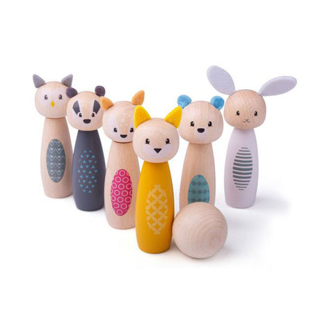Simply scandi bigjigs juguetes - juego de bolos 'animales del bosque' - juguetes de madera - juego de bolos de madera - 7 piezas