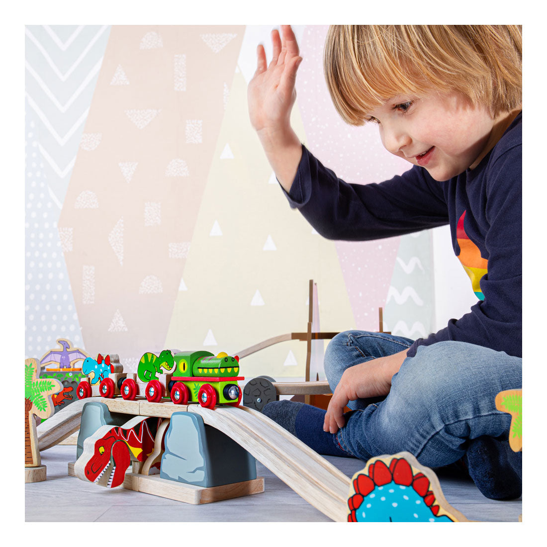 Bigjigs Rail t-rex puente levadizo vía de tren de madera - juego de aventuras