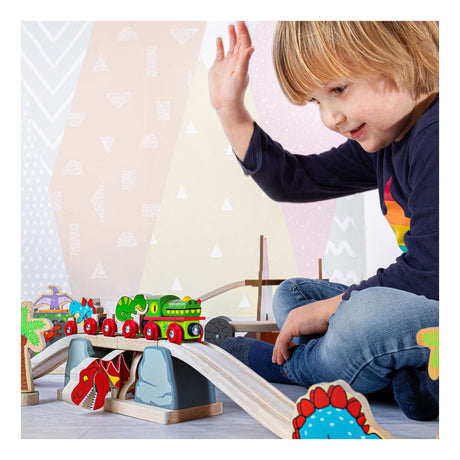 Bigjigs Rail t-rex puente levadizo vía de tren de madera - juego de aventuras
