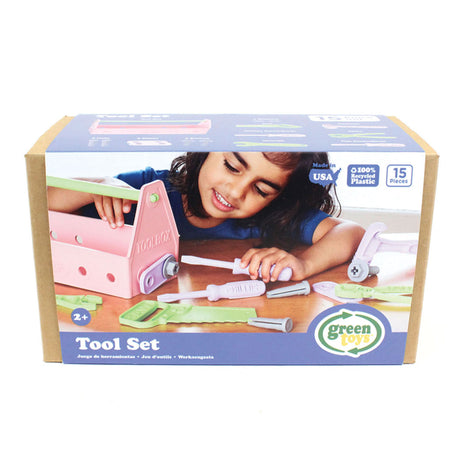 Caja de herramientas de juguetes verdes rosa