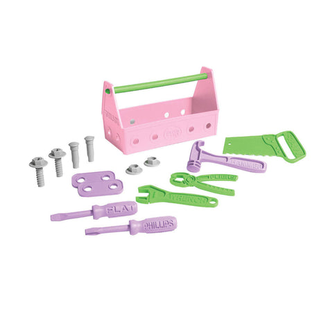 Caja de herramientas de juguetes verdes rosa