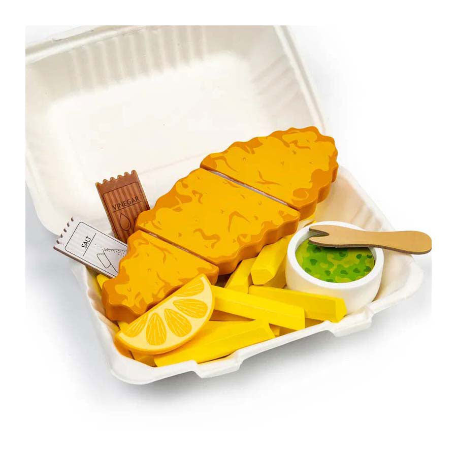 Juego de pescado y patatas fritas de madera Bigjigs, 26 piezas.
