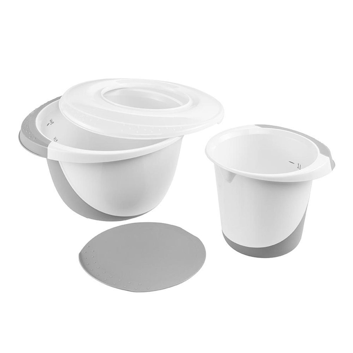 Set de bol Keeper antideslizante con tapa y espátula 1,5l + 3,5l ã˜18x14cm ã˜27x15cm gris nórdico