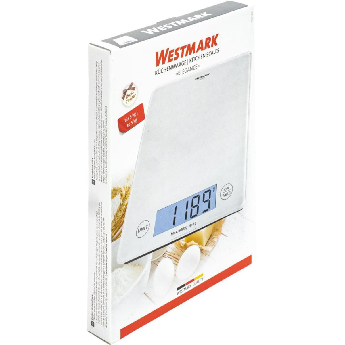 Báscula de cocina digital Westmark con función de tara, rango de pesaje hasta 5 kg, superficie de pesaje de vidrio, 23 x 18 x 1,8, vidrio esmerilado, elegancia, blanco transparente, 30332260