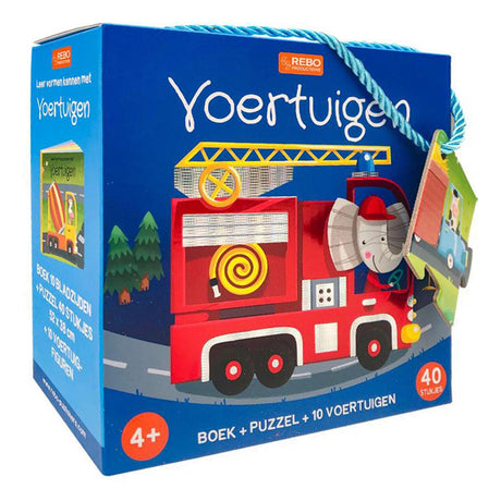 Libro editorial Rebo, puzzle + 10 figuras - vehículos