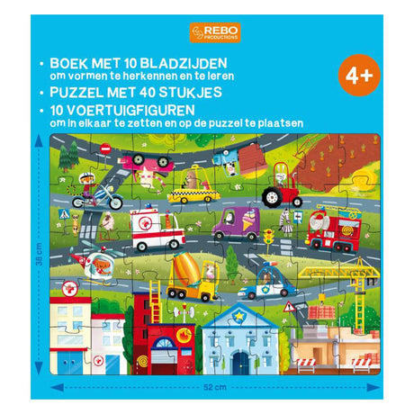 Libro editorial Rebo, puzzle + 10 figuras - vehículos
