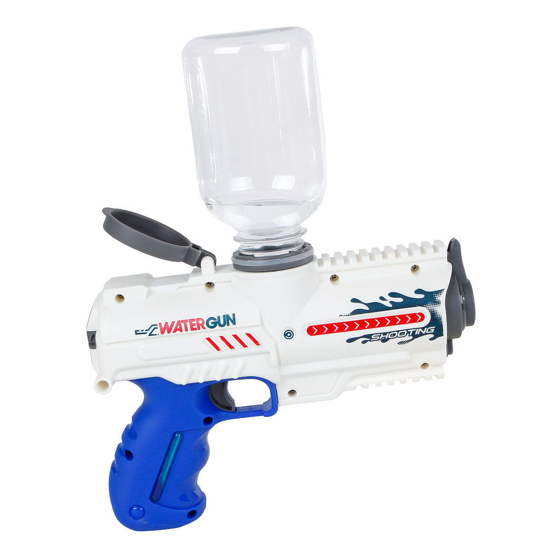 Pistola de agua eléctrica Sun fun con botella de 18cm de juguete color blanco azul.