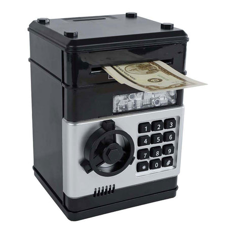 Juguete caja fuerte para dinero van manen con código secreto negro 19,5cm.