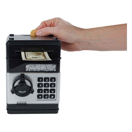 Juguete caja fuerte para dinero van manen con código secreto negro 19,5cm.