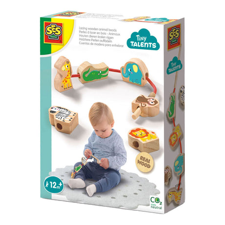 Ses creative ses tiny talentos ensartando cuentas de animales de madera