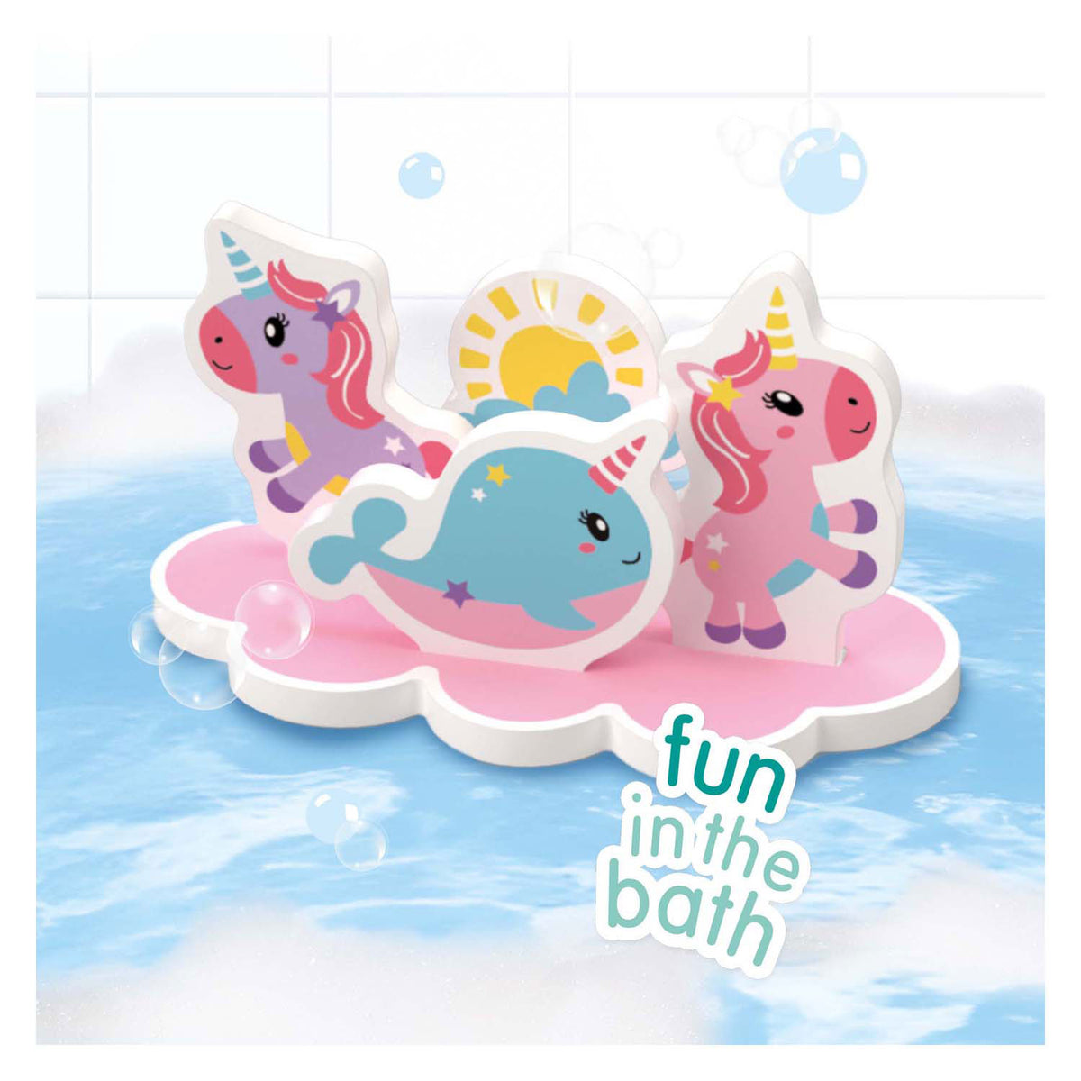 Ses creative - tinytallents - isla de baño de unicornio - unicornios de espuma - juguetes de baño flotantes - estimula la imaginación - juego creativo - juguetes de baño para bebé - juguetes de unicornio