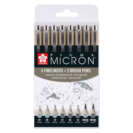 Juego de rotuladores finos Sakura pigma micron | 8 bolígrafos, gris frío claro gris frío