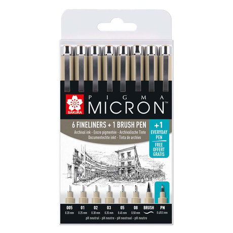 Sakura pigma micron fineliners - estuche promocional - 7 fineliners negros y 1 pigma micron PN