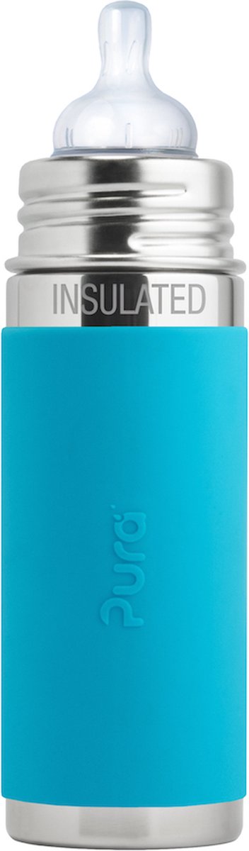 Pura biberón termo con tetina 260 ml - termo - termo - sin plástico - con pared aislante - previene los calambres estomacales - incluye tetina de silicona, gorro de viaje y funda - aqua