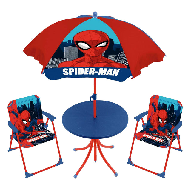 Conjunto de jardín infantil Marvel Lobes Spiderman con mesa, sillas y sombrilla.