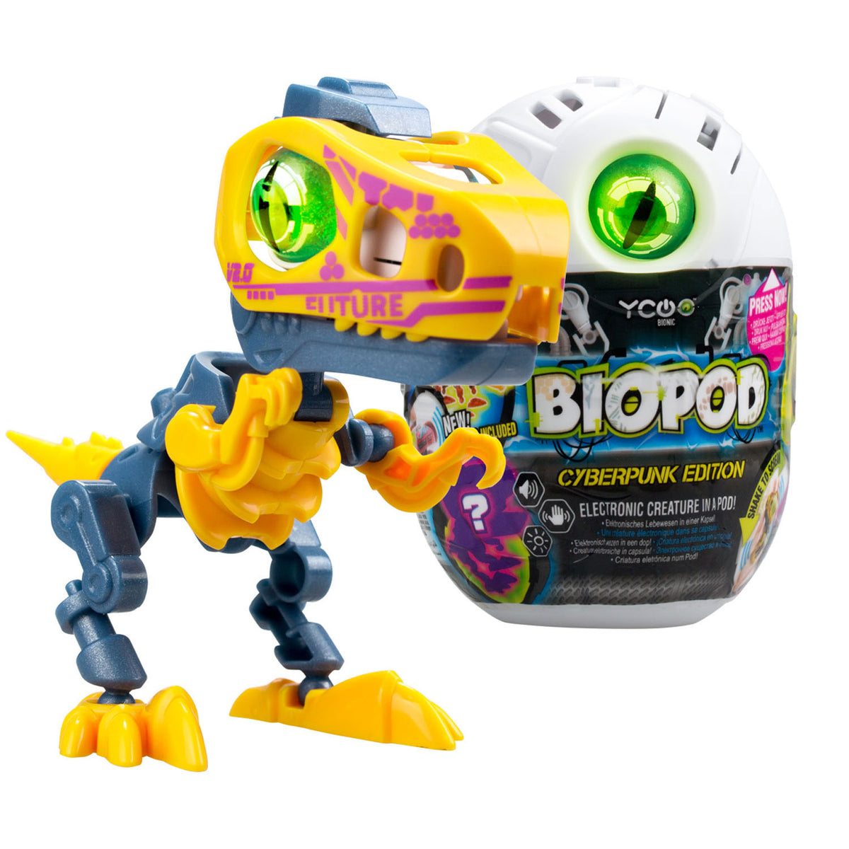 Dino cyberpunk único biópodo iluminado en plata