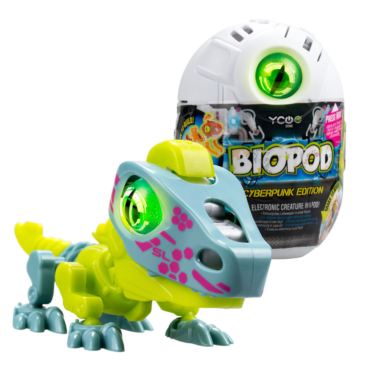 Dino cyberpunk único biópodo iluminado en plata