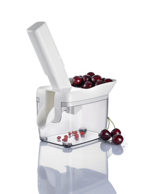 Westmark desapilador de cerezas con embudo, caja de núcleos y recetario, altura: 30 cm, plástico de acero inoxidable, kernfix, blanco gris oscuro transparente, 40352260