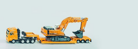 Siku 1847, camión con plataforma baja para transporte pesado, 1:87, metal plástico, azul amarillo, remolque desmontable