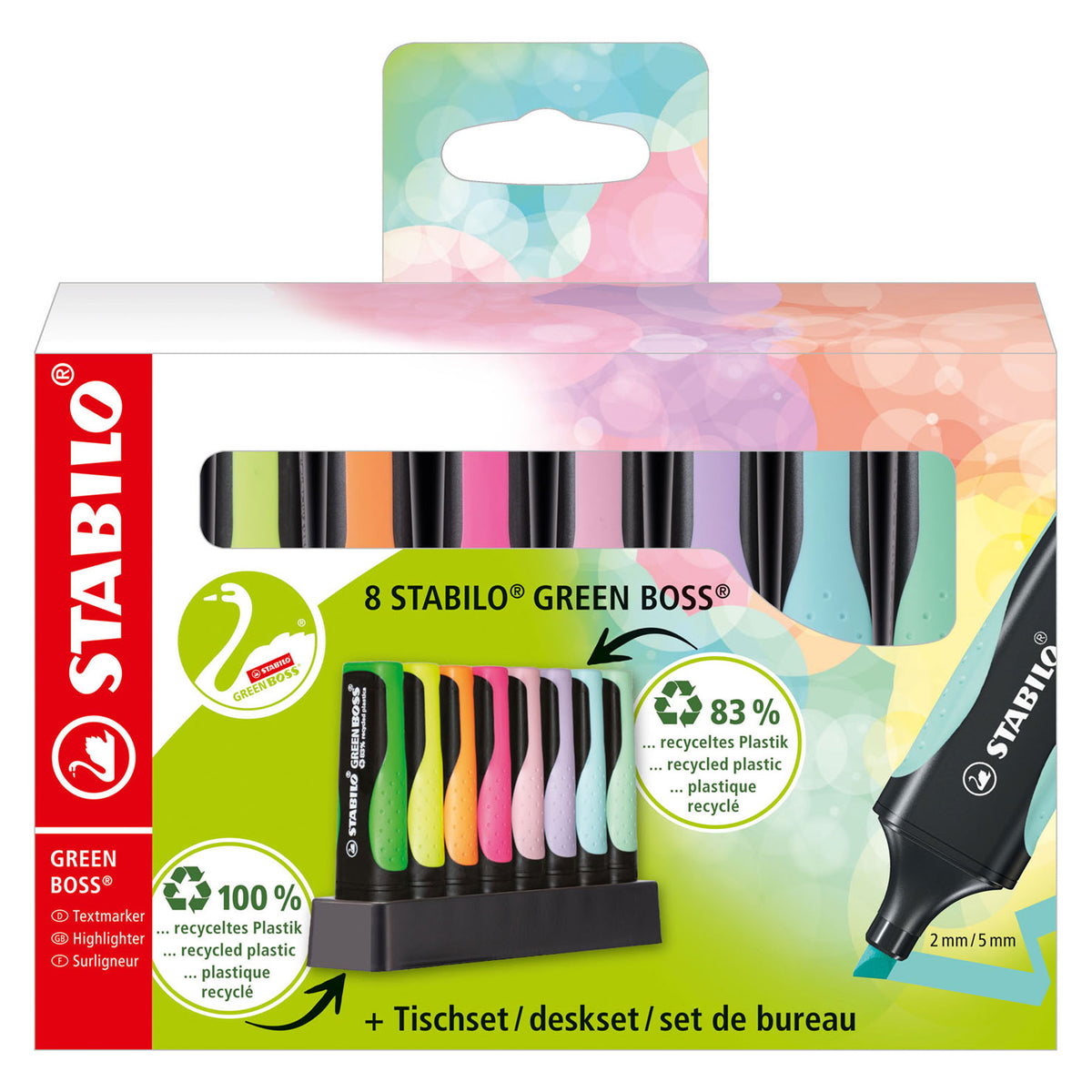 Stabilo green boss pastel - resaltador - hecho de 83% de plástico reciclado - juego de escritorio de 8 piezas - 4 colores estándar + 4 colores pastel