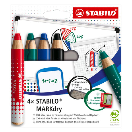 Stabilo markdry set de 4 lápices de pizarra, sacapuntas y paño de limpieza