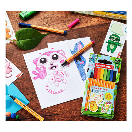 Stabilo point 88 mini - fineliner premium - animal vibes - estuche con 8 colores + pegatina