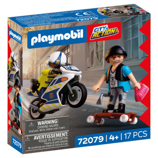 Playmobil city action persecución en moto policial | policía persigue a un ladrón en longboard | estimula la creatividad | juguetes infantiles para niños a partir de 4 años | 72079
