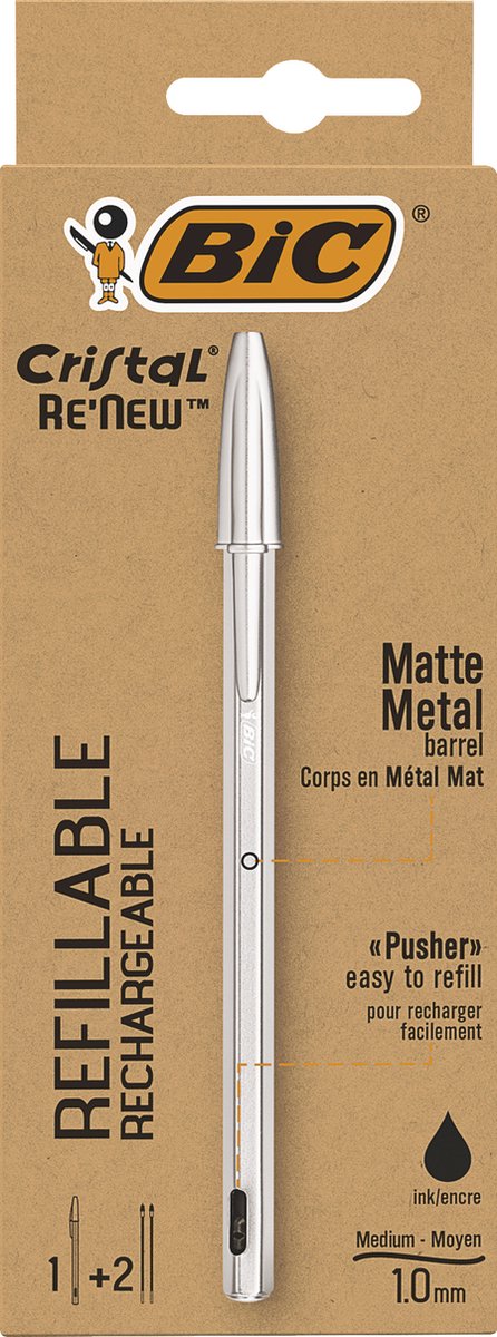 Bolígrafo Bic cristal re-new plata mediana + 2 recambios negros