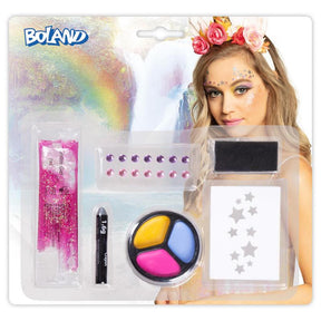 Kit de maquillaje Boland unicornio (plantilla, hoja de pegatinas con 14 gemas, pintura grasa, gel con purpurina y esponja)