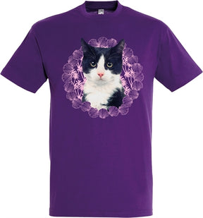 camiseta gato negro blanco violeta
