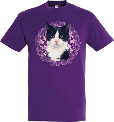 camiseta gato negro blanco violeta