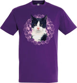 camiseta gato negro blanco violeta