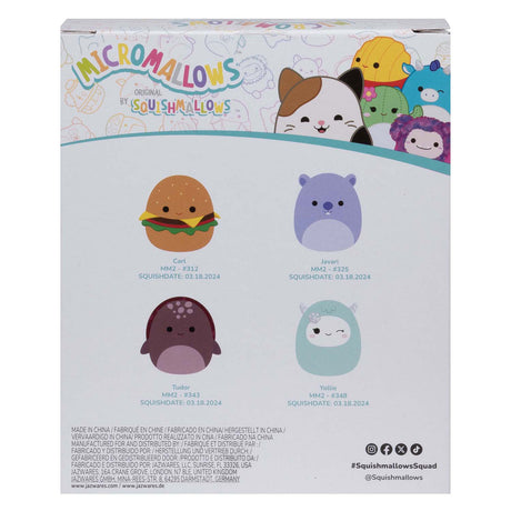 Micromalvaviscos de peluche de Squishmallows: carl, yollie, javari, tudor, paquete de 4