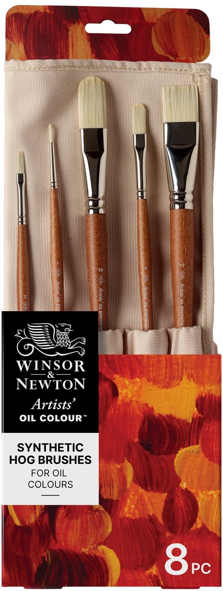 Winsor Newton 5010902 Artists Oil Synthetic Hog Brush Roll - 8 pinceles sintéticos de alta calidad para pintura al óleo para artistas profesionales (largo plano, plano brillante, redondo, avellana, esmalte)