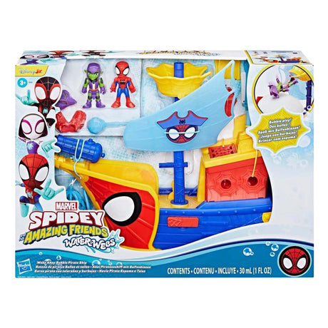 Hasbro spidey water-webs ahoy barco pirata con burbujas - incl. soplador de burbujas
