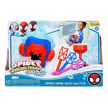 Spidey y sus increíbles amigos máquina de burbujas con telarañas de agua, con soplador de burbujas