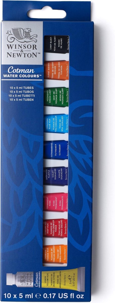 Winsor Newton 0390664 Cotman Juego de acuarelas - Set para principiantes 10 x 5 ml - Colores de acuarela esenciales con pigmentos de alta calidad