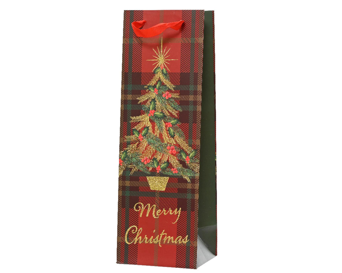 Bolsa regalo botella de vino Decoris Árbol de Navidad rojo fabricada en papel 100% FSC 10x12x36cm