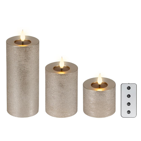 Lumineo 3-delig realistische led kaars met wax pit en vlam effect ø7.5 hoogte 9,5-13,5-20cm champagne met timer werkt op afstandsbediening batterij
