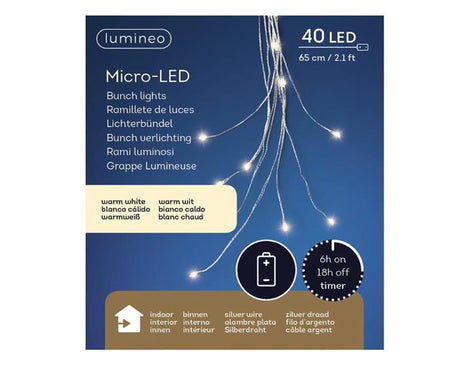 Lumineo micro LED cascada de iluminación por hilo 80cm-40l 10 hilos con 5 lámparas plata blanco cálido con batería y temporizador