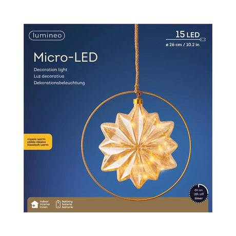 Lumineo LED estrella de cristal con 15 lámparas micro LED en un anillo de metal - ø 26 cm, funciona con pilas y temporizador